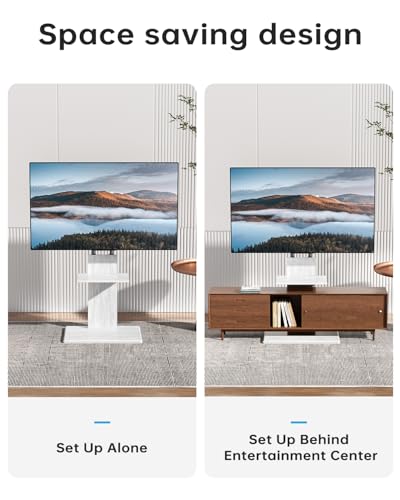 Floor TV Stand for 32-70" TVs, Height Adjustable, Media Shelf | White Furniture-style design with ±15° swivel, Supports up to 99 lbs, sturdy wood base for living room, Max VESA 600×400mm