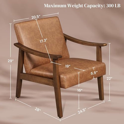 Yaheetech PU Leather Accent Chair, Mid-Century Modern Armchair with Solid Wood Legs, Reading Leisure Chair with High Back for Living Room Bedroom Waiting Room, Brown