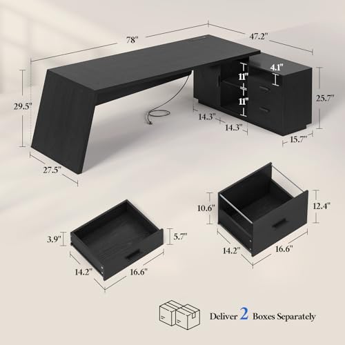 78" L-Shaped Executive Desk with Charging Station, File Cabinet, view 3