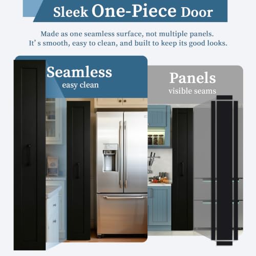 Slim Black Pantry Cabinet with Rolling Tiered Shelf Next to Fridge, view 7