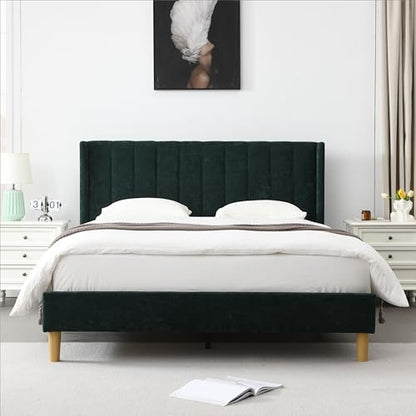 Queen Bed Frame，Platform Bed with Upholstered Headboard，Ink Green, view 4