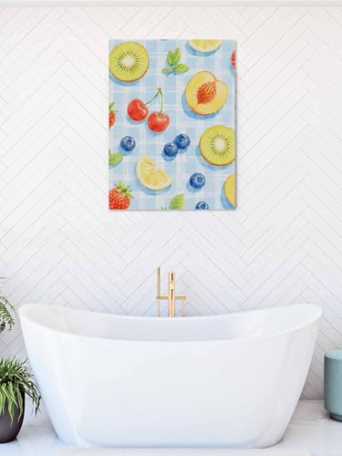 NuYeBiofx Summer Fruit Slices Peach Pattern Canvas Wall Art Prints,48"x32" Framed Picture Artwork Blue Gingham Backdrop Printed Canvas Oil Painting for Living Room Bedroom Office,Ready to Hang