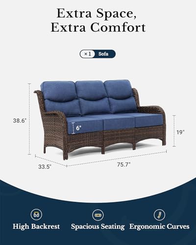 Luxury Outdoor Furniture High Back Patio Sofa, Oversized 3-Seater Couch with 6'' Thick Cushions, Ideal for Porch, Poolside, Deck, and Yard(Blue)