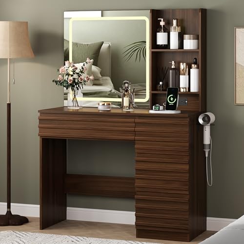 Makeup Vanity Desk with Lights, Fluted Vanity with 4 Drawers, Open Shelves, view 2