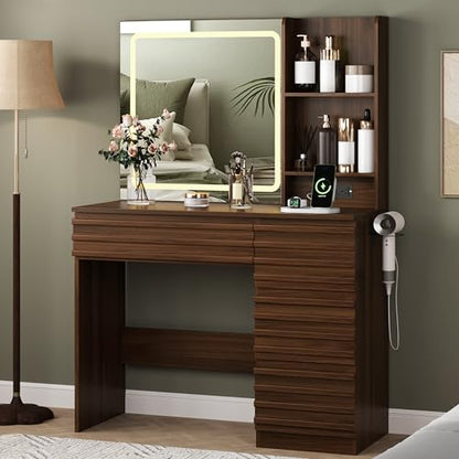 Makeup Vanity Desk with Lights, Fluted Vanity with 4 Drawers, Open Shelves, view 2