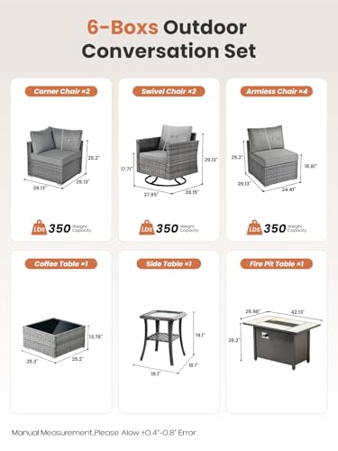 11 Piece Outdoor Patio Furniture Set with Fire Pit Table,Conversation Sectional Wicker Couch with Swivel Chairs,Modern Outside Sofa for Balcony Backyard, Dark Grey
