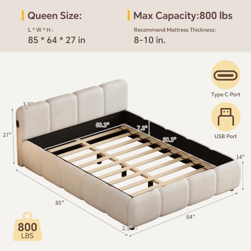 Queen Size Cloud Boucle Upholstered Platform Bed Frame w/USB Ports, view 3