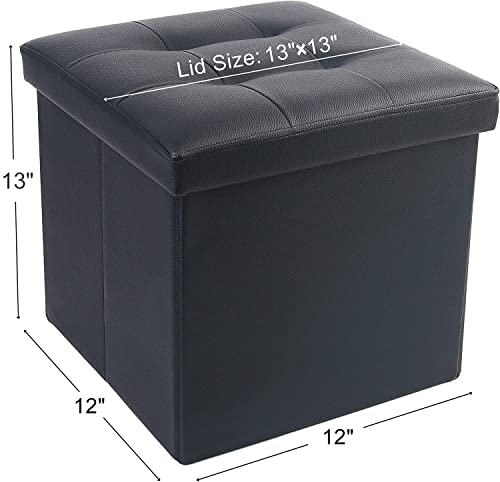 Storage Ottoman, Foldable Foot Rest Stool, 13x12x12 Inches Small Leather Bench with Storage, Holds up to 260 lb, for Living Room, Bedroom, Dorm, Black