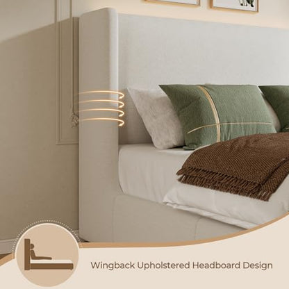 Queen Size Upholstered Bed Frame with 47" Wingback Headboard & LED Lights, Chenille Platform Bedframe with Wooden Slat Support, Non-Slip/Noise-Free/No Box Spring Needed/Easy Assembly, White