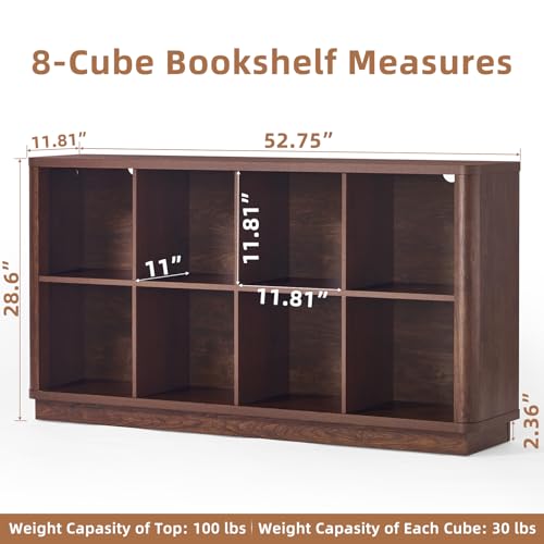8 Cube Bookcase, 52" Long Horizontal Book Shelf w/Curved Edge, view 3