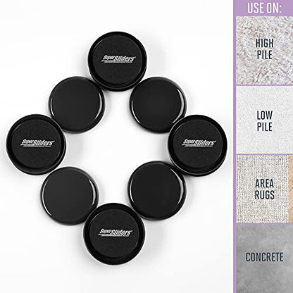 2-1/2" Round Reusable Furniture Sliders for Carpet, Anti-Slip Protective Furniture Moving Pads for Beds, Sofas, Dressers, Set of 8, Black
