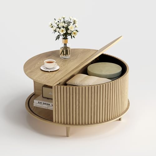 Round Coffee Table with Storage, 31.5" Natural Oak Drum Table for Small Space, Fluted Wood Center Table with Hidden Compartment, Modern Farmhouse Furniture for Living Room Organization