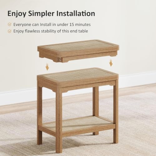 Rattan Night Stand - Farmhouse 2 Tier End Table for Bedroom - Accent Side Table wtih Open Storage Shelves for Small Space Narrow Coffee Table Bamboo (2, Natural Oak)
