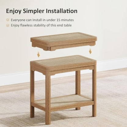 Rattan Night Stand - Farmhouse 2 Tier End Table for Bedroom - Accent Side Table wtih Open Storage Shelves for Small Space Narrow Coffee Table Bamboo (2, Natural Oak)