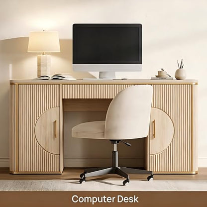 60" Fluted Writing Desk, Wooden Long Home Office Computer Desk with Drawer & Storage Cabinet, Modern Writing Table with Charging Station, High Executive Desk, Bedroom, Nature Oak, Set of 2