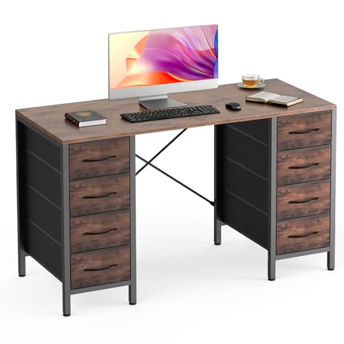 Desk with 8 Fabric Storage Drawers, Computer Office 47 Inch Gaming Writing Study Table with X-Shaped Reinforced Structure for Home Office Bedroom PC Desk, Brown