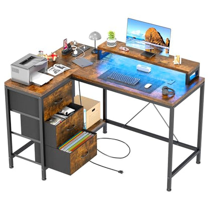 L Shaped Desk with Power Outlets & LED Lights, Computer Desk with Drawers & Shelves, Corner Desk Gaming Desk Home Office Desk, Rustic Brown