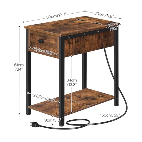 End Table with Charging Station, Narrow Side Table, Small Nightstand, Bedside Tables with Drawer and Storage Shelves, for Small Spaces, Living Room, Bedroom, Rustic Brown and Black BF041BZ01G1