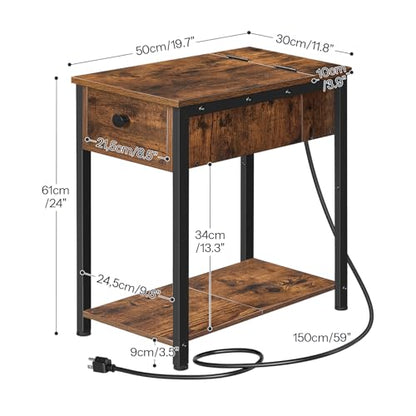 End Table with Charging Station, Narrow Side Table, Small Nightstand, Bedside Tables with Drawer and Storage Shelves, for Small Spaces, Living Room, Bedroom, Rustic Brown and Black BF041BZ01G1