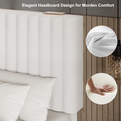 Queen Velvet Bed Frame with Solid Wood Slats White, view 5