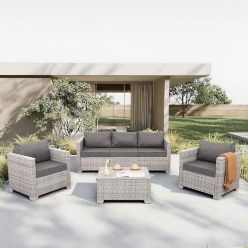 Patio Furniture Set 4 Piece Outdoor Wicker Conversation Sets PE Rattan Couch Sectional Sofa with Storage Table, Grey Cushion