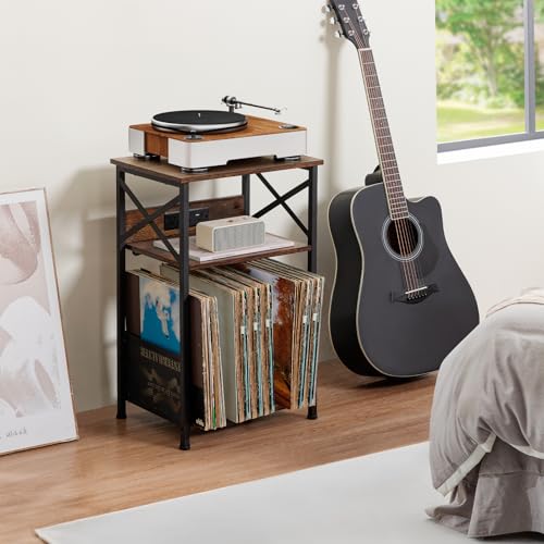 Record Player Stand with Charging Station, Vinyl Record Storage, view 3