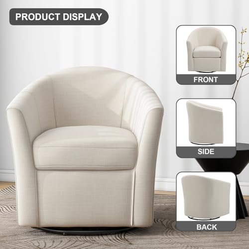 360° Swivel Barrel Accent Chair, Modern Round Arm Chair Upholstered Club Armchair, Single Sofa Seating in Fabric for Living Room, Bedroom (Beige)