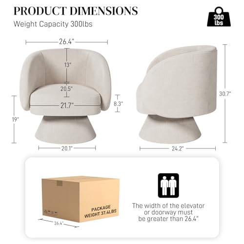 Swivel Barrel Chair 360 Degree Swivel Accent Chair with Armrest, Comfy Small Round Sherpa Swivel Vanity Chairs with Pillow for Living Room, Bedroom,Office (Beige White, Linen)