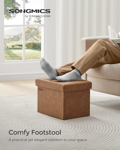 SONGMICS Small Folding Storage Ottoman, Synthetic Leather, Coffee Brown | Foot Rest Stool, Cube Footrest, 12.2 x 16.1 x 12.2 Inches, 286 lb Capacity, Bedroom, Dorm, ULSF100K01
