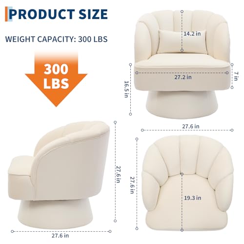 Modern Swivel Barrel Accent Chair, 360 Degree Velvet Upholstered Armchair with Striped Backrest & Plush Padding, Comfy Round Lounge Chair for Living Room, Bedroom, Reading Nook, Beige