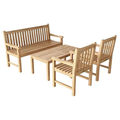 Classic 3-Seater 4-Piece Conversation Set Solid Teak Wood Outdoor Furniture with Cushions Patio Garden Lounge Set Include Sofa Armchairs Coffee Table Handcrafted Weather-Resistant Luxury Set
