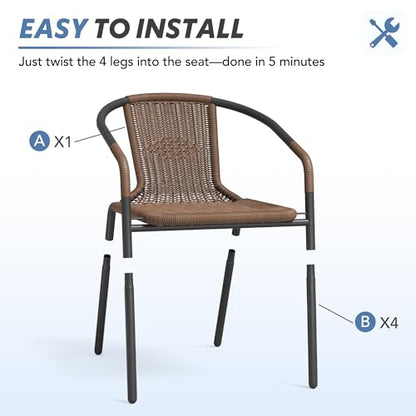 Rattan Patio Dining Chairs Set of 4, Wicker Stackable Outdoor Chairs with All Weather Curved Back & Metal Frame, for Indoor Restaurant Porch Deck, Brown