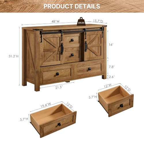48" Wide Farmhouse Sideboard Buffet Cabinet, Light Tree Knot, view 3