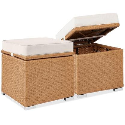 Best Choice Products Set of 2 Wicker Ottomans, Multipurpose Outdoor Furniture for Patio, Backyard, Additional Seating, Footrest, Side Table w/Storage, Removable Cushions - Natural/Ivory