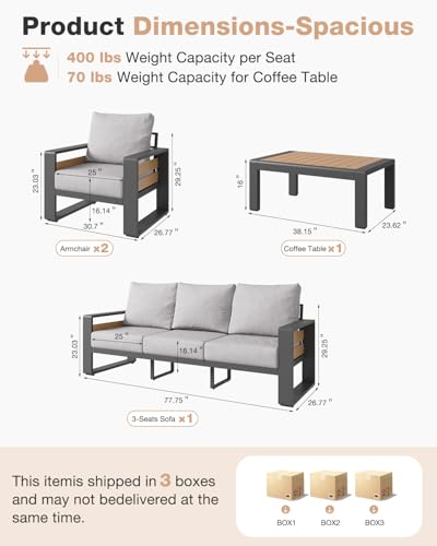 Aluminum Patio Furniture Set, 5 Seats Luxury Outdoor Sectional with 6" Olefin Fabric Cushions, Patio Conversation Sets with Coffee Table for Backyard, Porch Light Grey