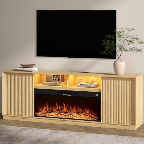 80" Fireplace TV Stand for 90" TV, Fluted Arched Entertainment Center, Oak, view 2