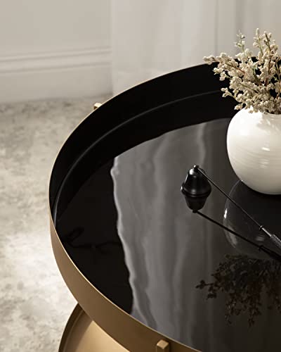 Nira Modern Round Two Tier Coffee Table; 26 Inch Diameter; Black and Gold; Decorative Glam Coffee Table for Storage and Display