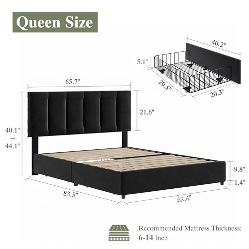 Queen Size Bed Frame with 4 Storage Drawers, Adjustable Height Headboard, view 3