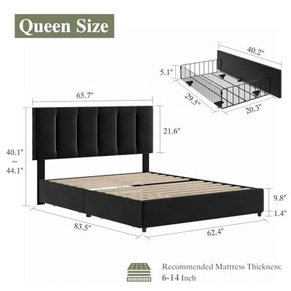 Queen Size Bed Frame with 4 Storage Drawers, Adjustable Height Headboard, view 3