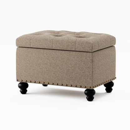 Small Ottoman with Storage, Upholstered Button Tufted Ottoman Foot Rest, Foot Stools, 24" Rectangle Bench with Storage for Living Room, Bedroom, Dorms and Apartments (Brown)