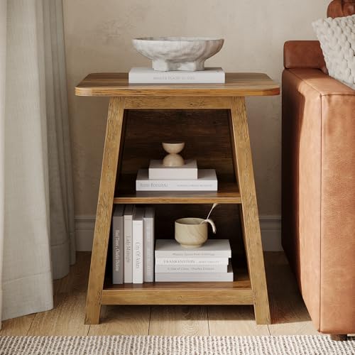 Tribesigns 3-Tier Rustic Farmhouse Wooden End Table with Open Storage Shelves, Trapezoid Angled Leg Side Table for Living Room, Small Space Friendly Sofa Side Table