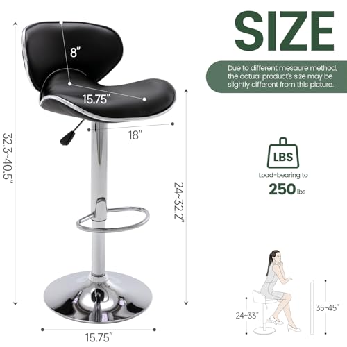 PU Leather Adjustable Bar Stools, Modern Swivel Airlift Barstools with Back, Armless Counter Height Chairs for Kitchen Dining Pub Cafe Set of 2 (Black)