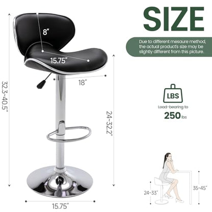 PU Leather Adjustable Bar Stools, Modern Swivel Airlift Barstools with Back, Armless Counter Height Chairs for Kitchen Dining Pub Cafe Set of 2 (Black)