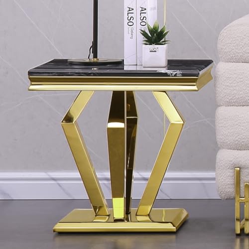 Black and Gold End Table for Living Room, Modern Square Side Table with Polished Stainless Steel Geometric Diamond Base