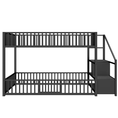 JIVOIT Twin Size Bunk Bed with Storage Ladder, Metal Low Bunk Bed, Metal Slats (Black/ 102)