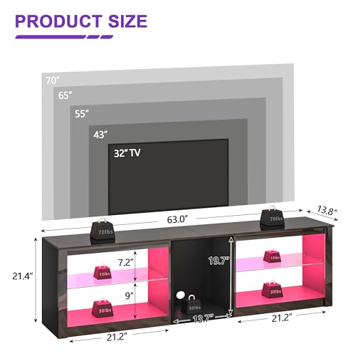 Modern 63 inch TV Stand with LED Lights for 50 55 60 65 70 75 inch TVs, view 3