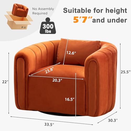 Swivel Barrel Chair,Velvet Accent Chairs for Living Room,Modern Channel Comfy Armchair,Completely Assembled(Orange)