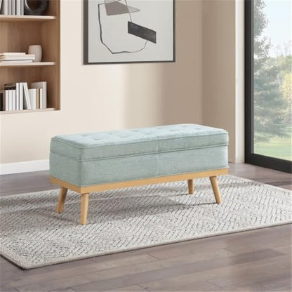 Mid-Century Modern Storage Bench, Mist Green Fabric, Wood Legs, Button-Tufted Design, Soft-Close Hinged Top, 43.5" L x 17" D x 18.5" H, Extra Seating and Hidden Storage for Entryway or