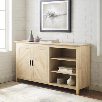 Modern Wood Grooved Buffet Sideboard with Open Storage Entryway Serving Storage Cabinet Doors Dining Room Console, 58 Inch, Birch