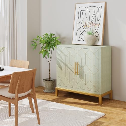 Green Accent Cabinet with Gold Trim,Storage Cabinet with 2 Doors,Modern Wooden Sideboard for Living Room, Kitchen, Office and Hallway